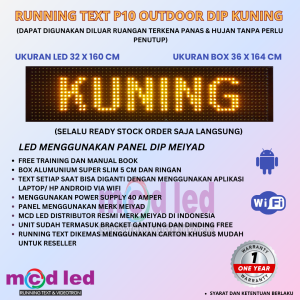 RUNNING TEXT 32X160 CM P10 LED DIP OUTDOOR WARNA KUNING UKURAN BOX 36X164 CM